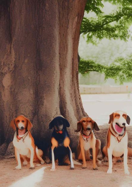 Quatro belos cachorros embaixo de uma árvore.