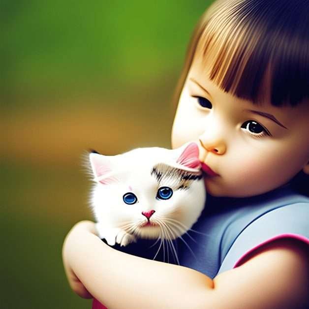 Criança linda segurando um lindo gato pequeno.