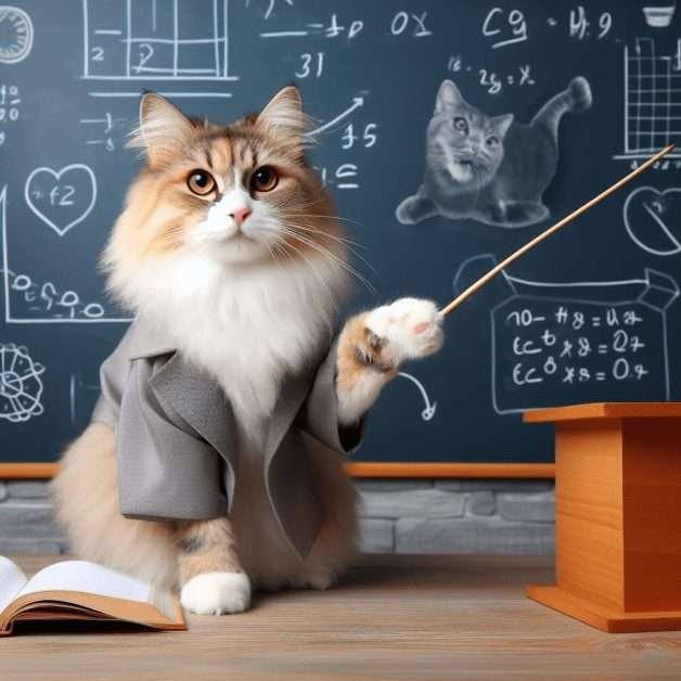 Um gato cinza e branco lindo vestido de professor com uma vareta na lousa explicando como treinar um gato.