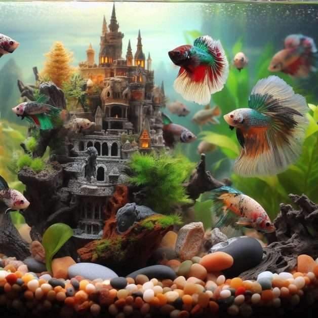 Alguns peixes betta em um belo aquário com fundo de castelo.