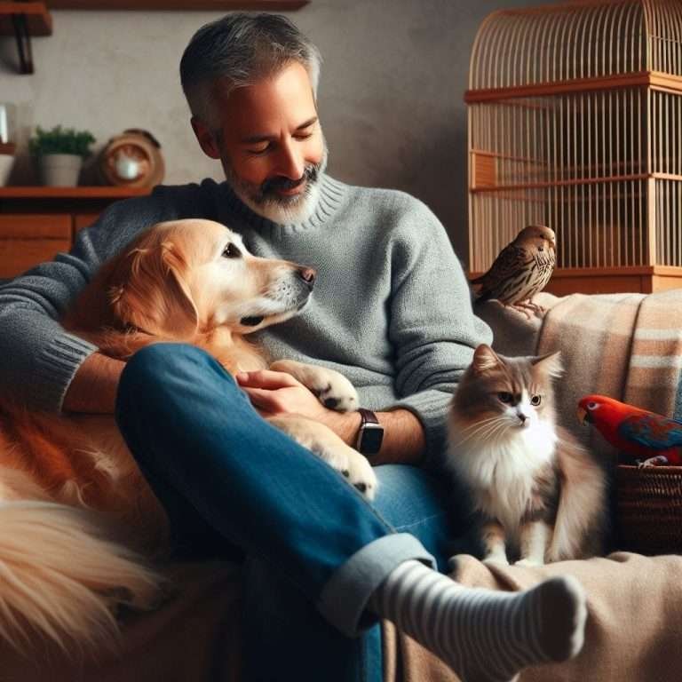 Um homem sentado no sofá abraçado com um cão da raça Golden Retriever, olhando para um gato, com dois pássaros de estimação ao lado.