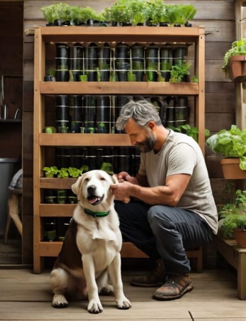 Diante de sua linda horta de garrafa Pet, um homem cuidando de seu cão.